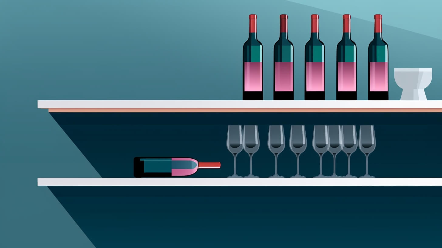 two floating shelves with wine bottles and clear wine glasses on them