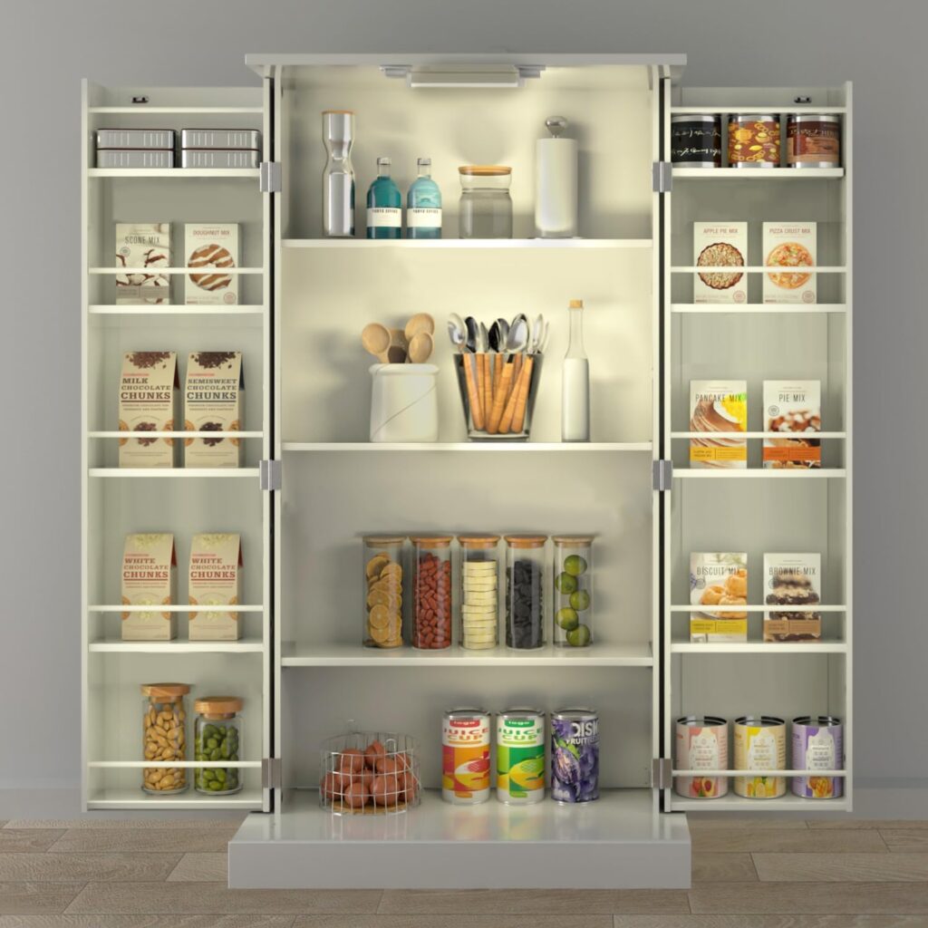 A pantry cabinet organizer with built-in LED lights stands against a white wall. The two doors that span the entire height of the freestanding unit each have five shelves.