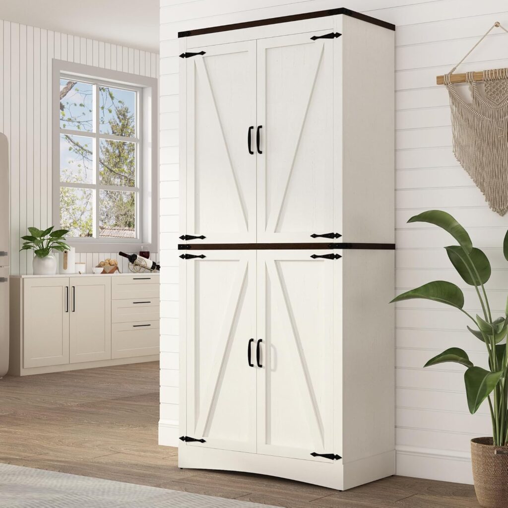 A freestanding farmhouse style pantry cabinet sits against white shiplap walls. It has two cabinet doors on top and bottom with exposed frames.