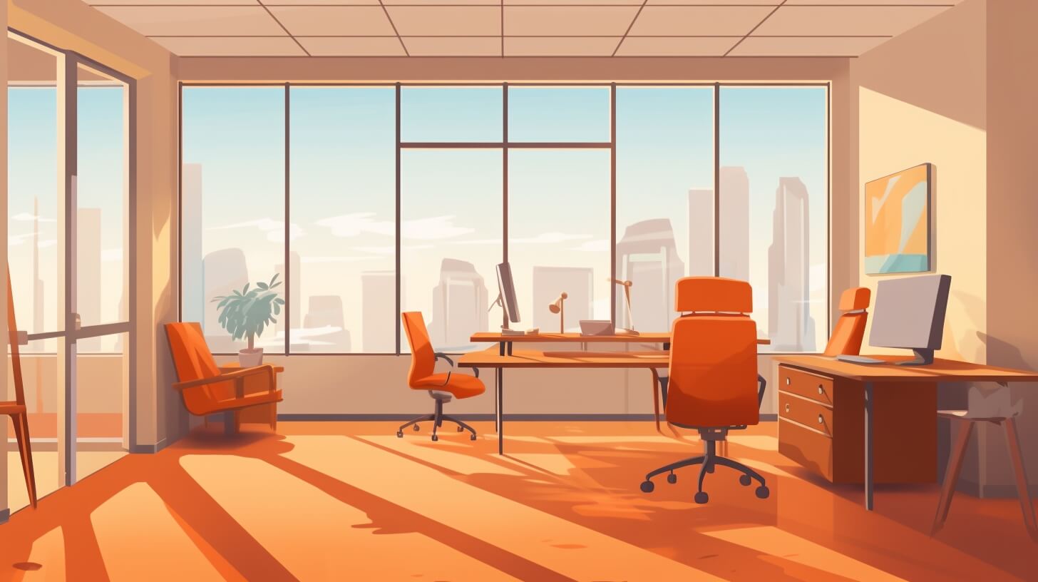 an office space with desks and chairs