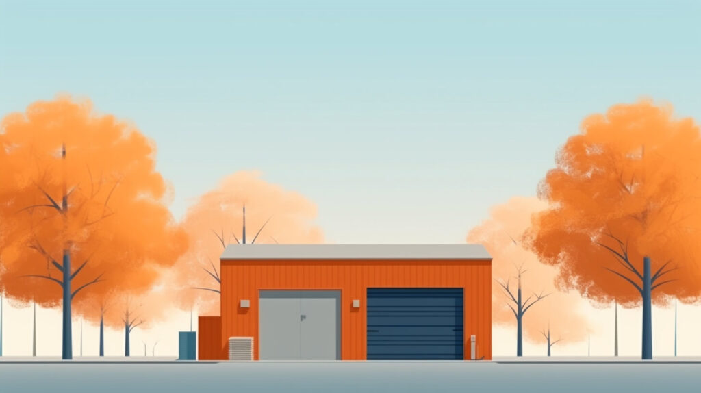 detached orange garage surrounded by trees