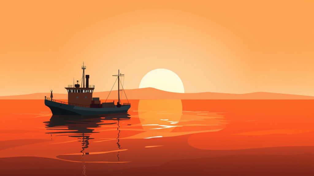 a dredger on the ocean at sunset