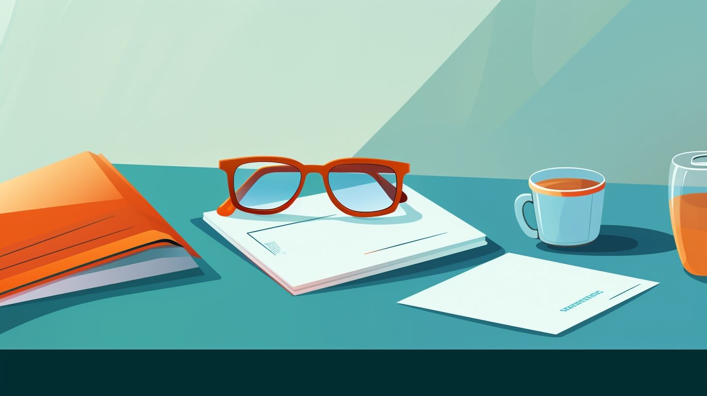 glasses, papers, and a mug sitting on a table