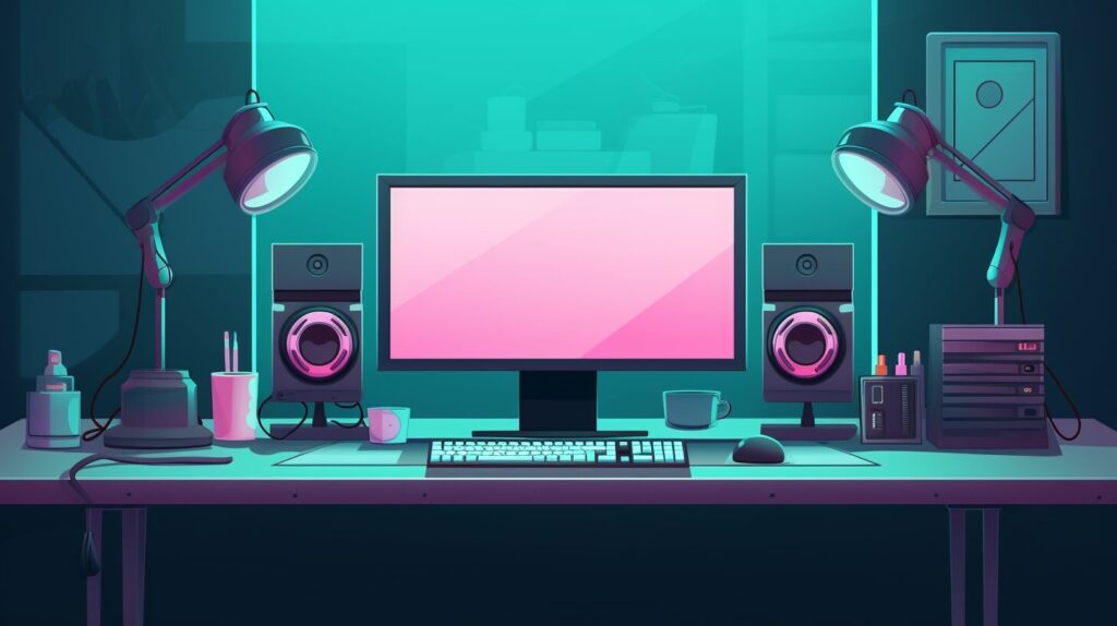 desk with a large monitor and gaming supplies