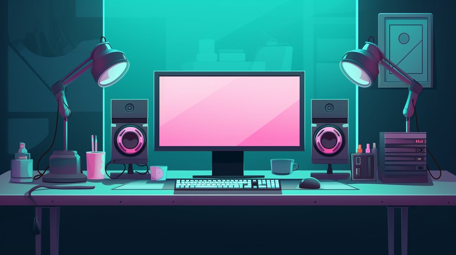 desk with a large monitor and gaming supplies