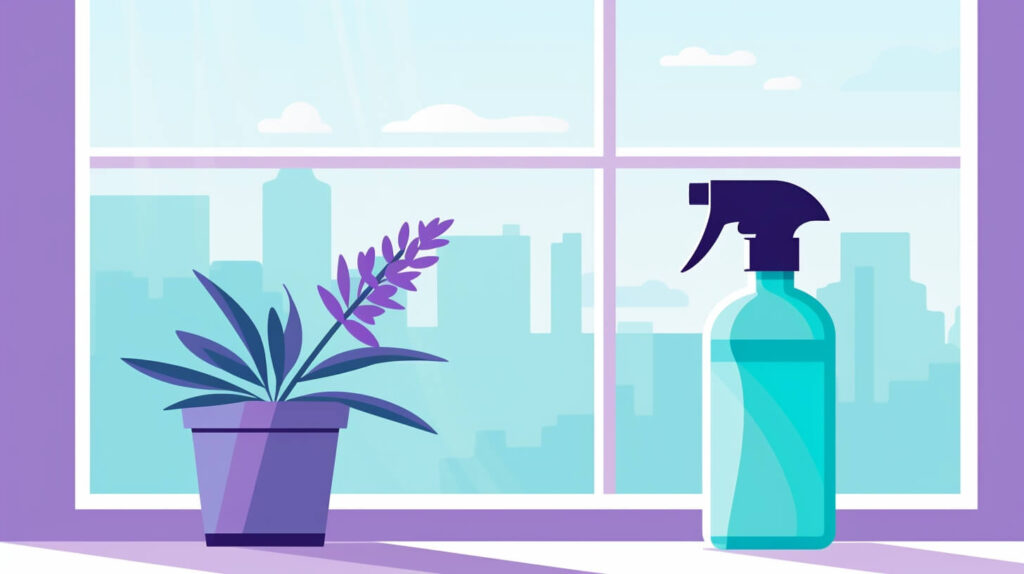 blue spray bottle and purple flower pot on a counter