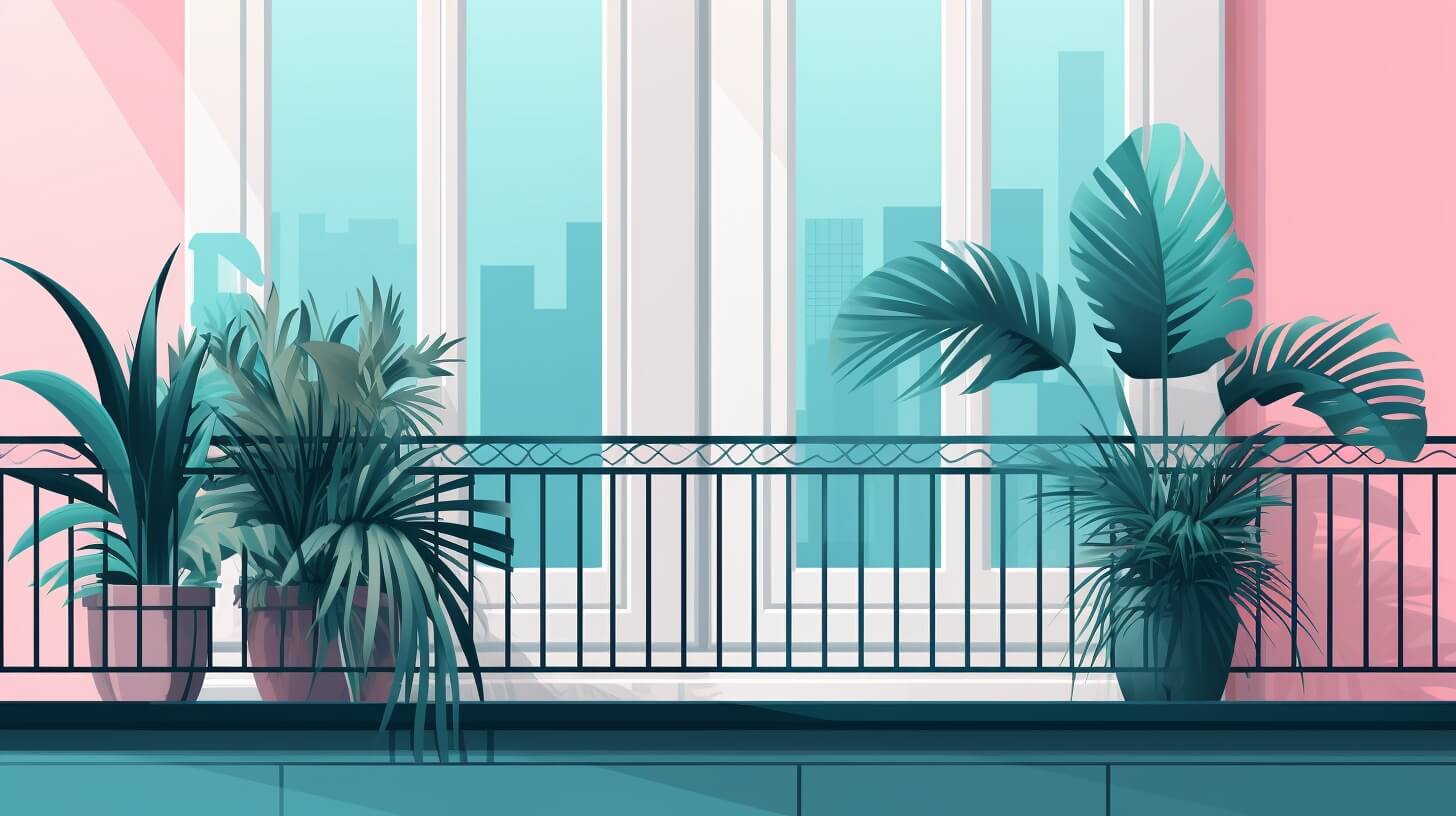 a balcony decorated with several kinds of plants