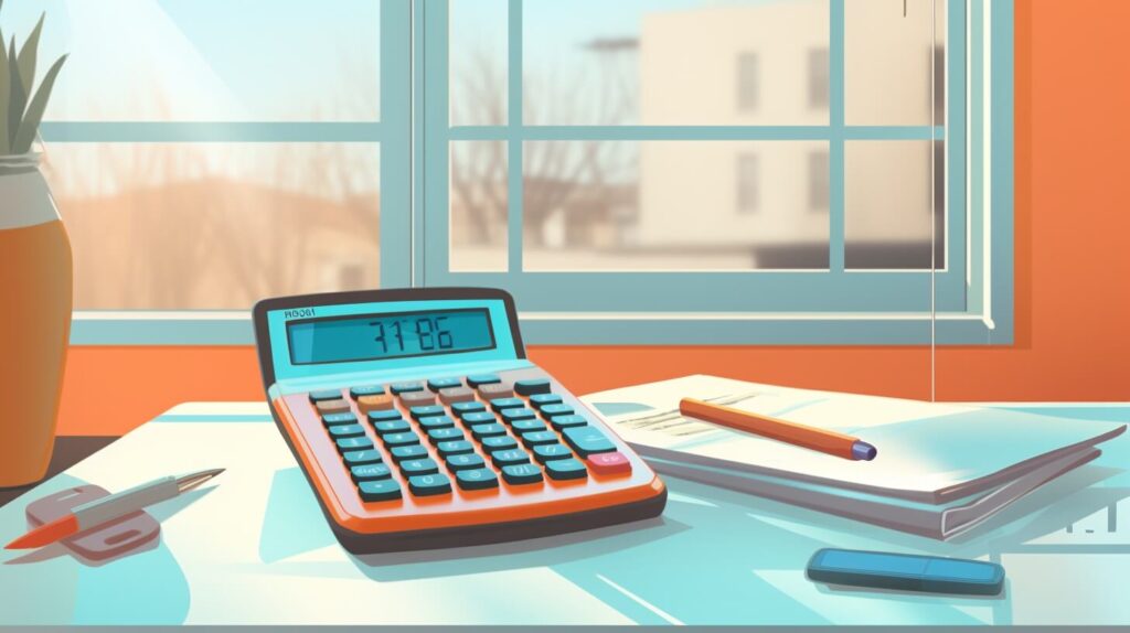 calculator, pens, and papers on a desk in front of window