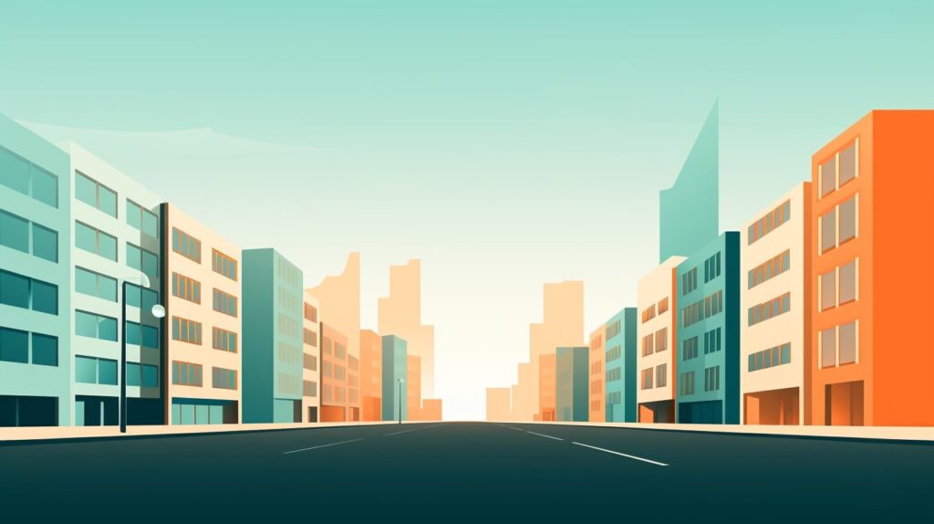 tall orange and blue buildings on either side of the street