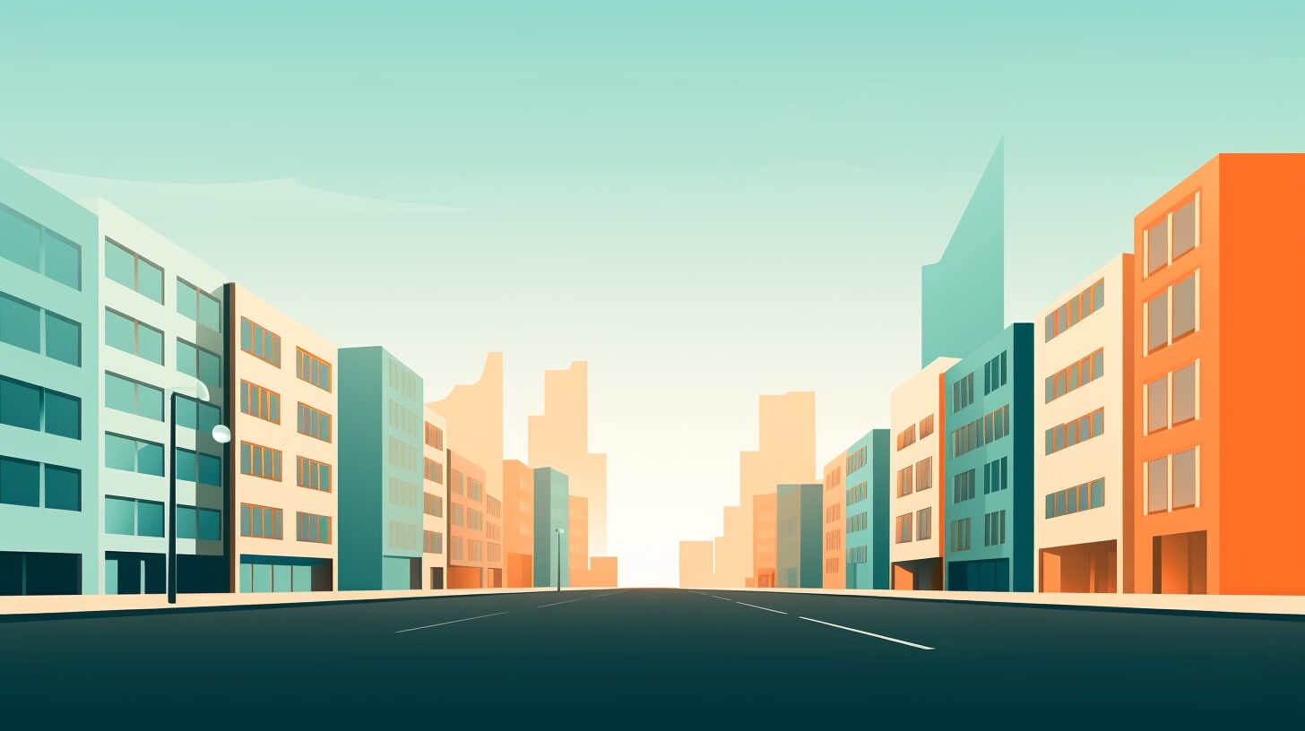 tall orange and blue buildings on either side of the street