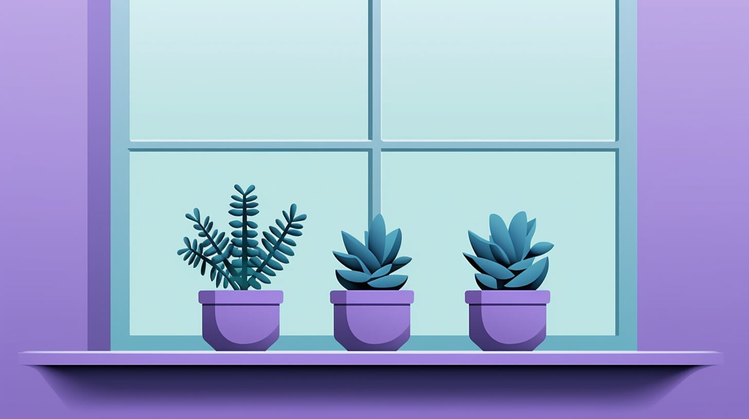 three potted plants sitting on a window sill