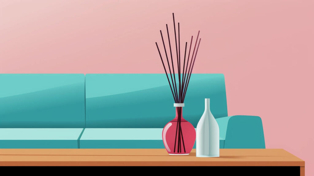 a pink reed diffuser sitting on a coffee table next to a vase