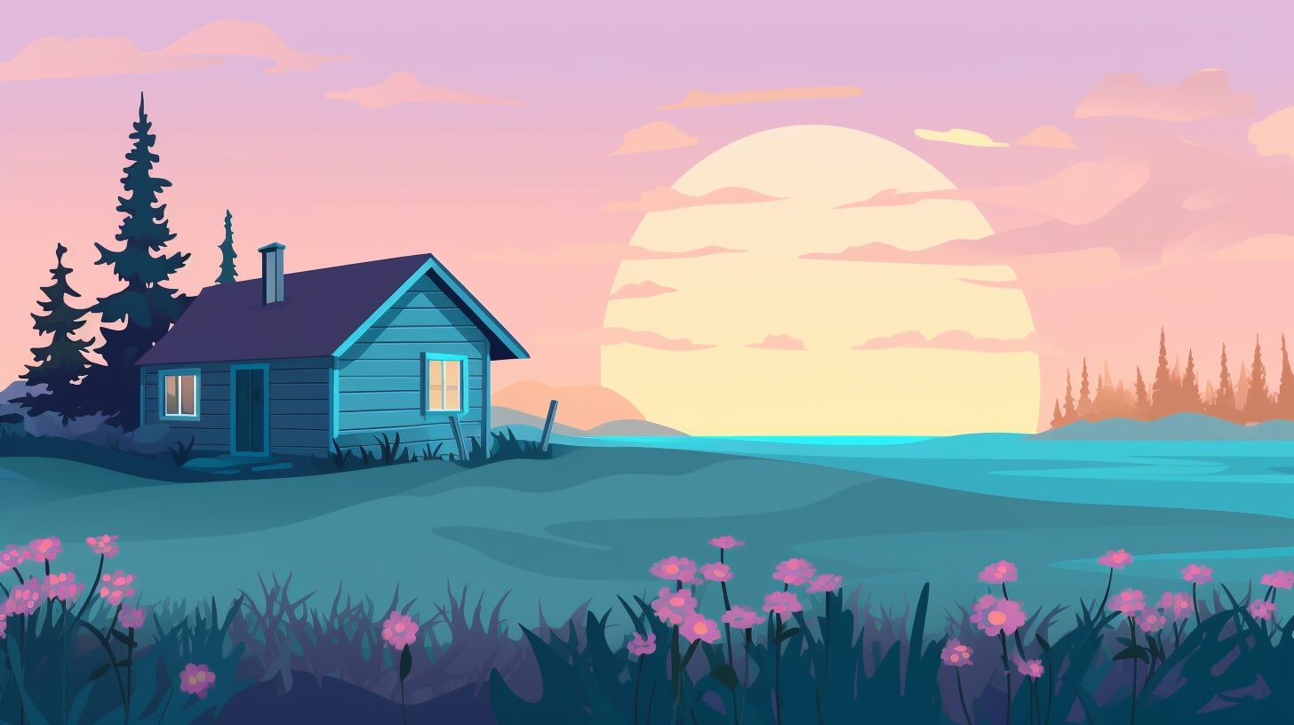 small cottage in a field surrounded by flowers and trees