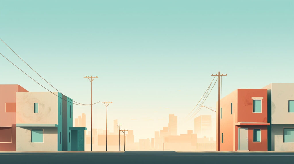 houses and powerlines on either side of a deserted street