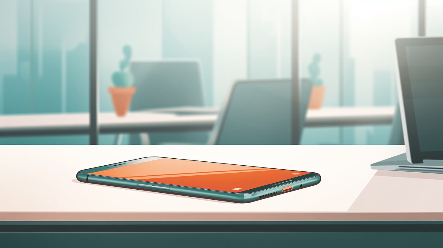 a cellphone lit up sitting on a desk in an office