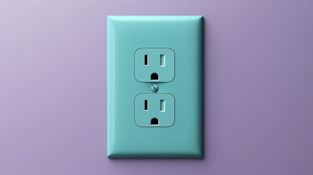 a light teal power outlet on a purple wall