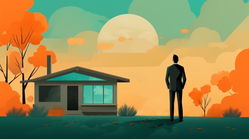 man in a suit standing in front of a small home