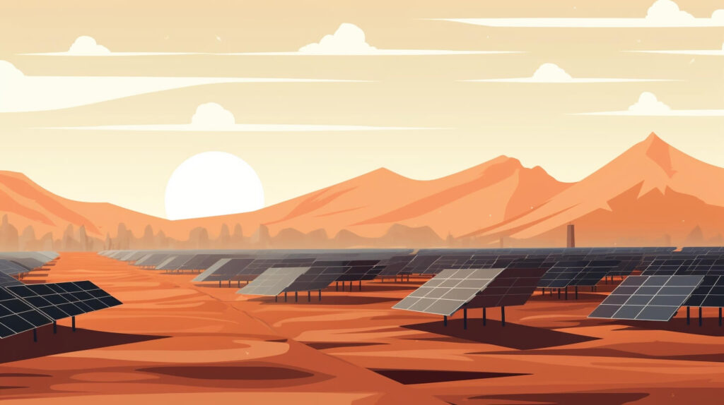 solar panels in a desert with mountains in the background