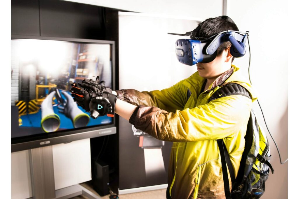 A building maintenance professional wearing a VR headset