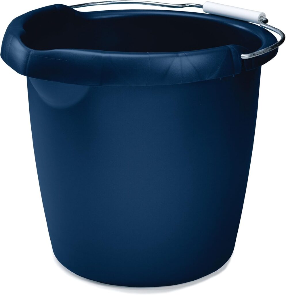 A navy blue Rubbermaid bucket with a white and silver handle sits against a white background.