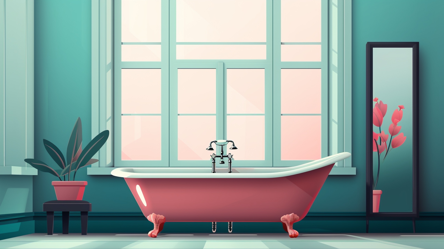 pink clawfoot bathtub in front of a window