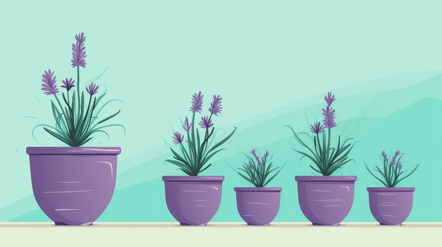 several purple pots with lavender plants inside