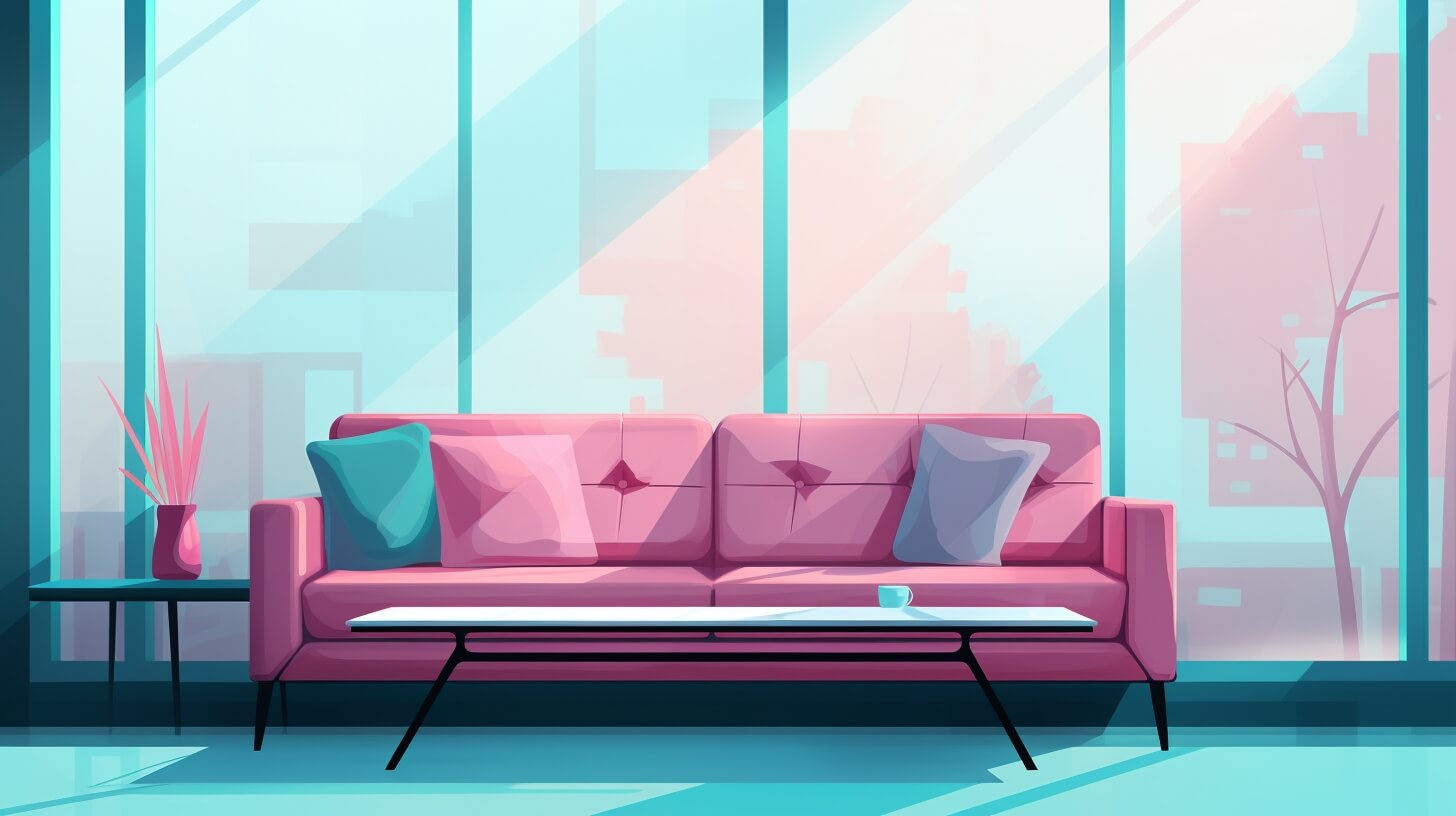 pink couch and coffee table in front of a large window
