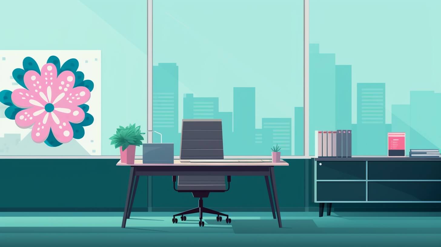 office with large flower artwork on the window