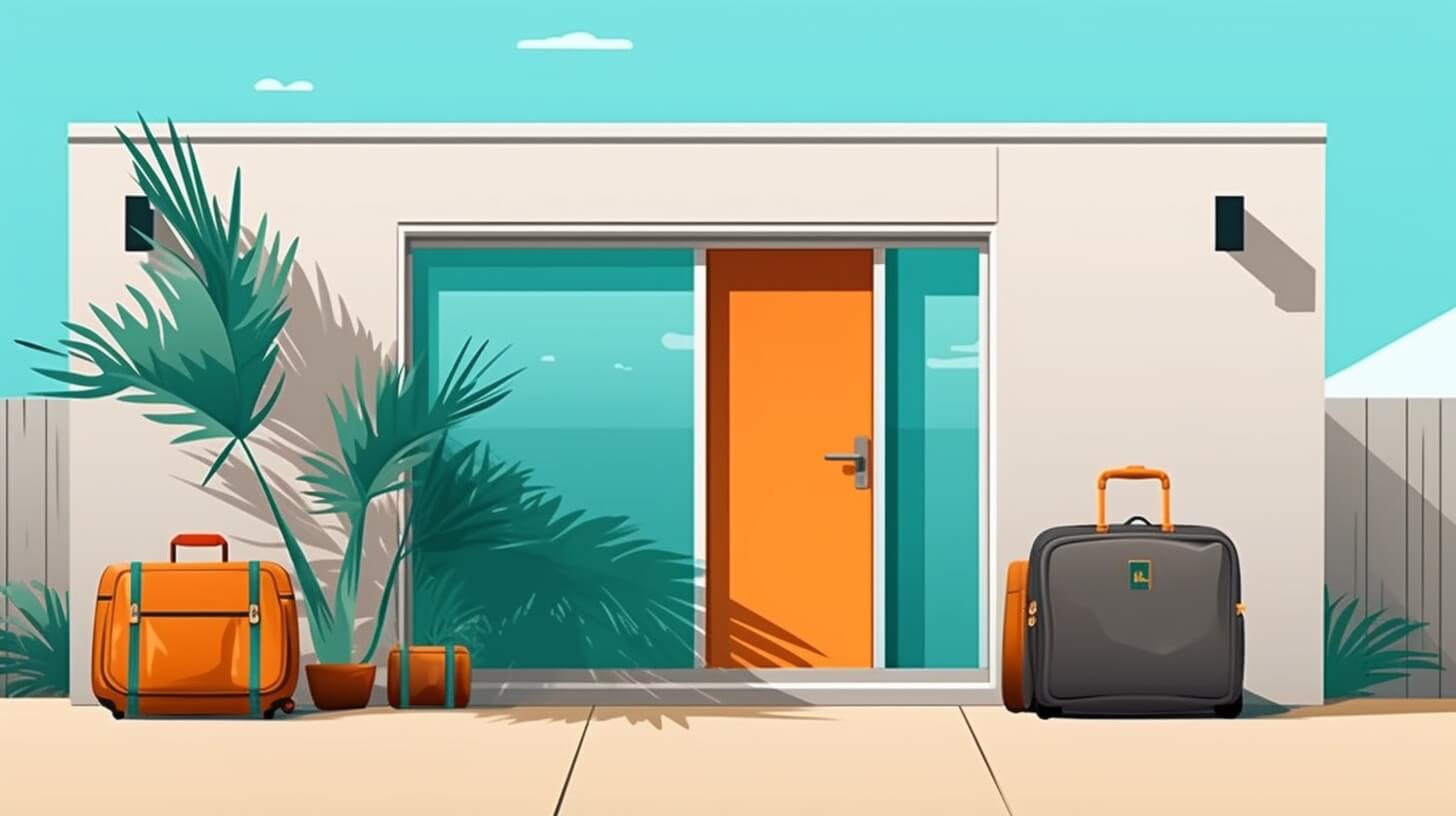 a small house with tropical plants and luggage in front of the door