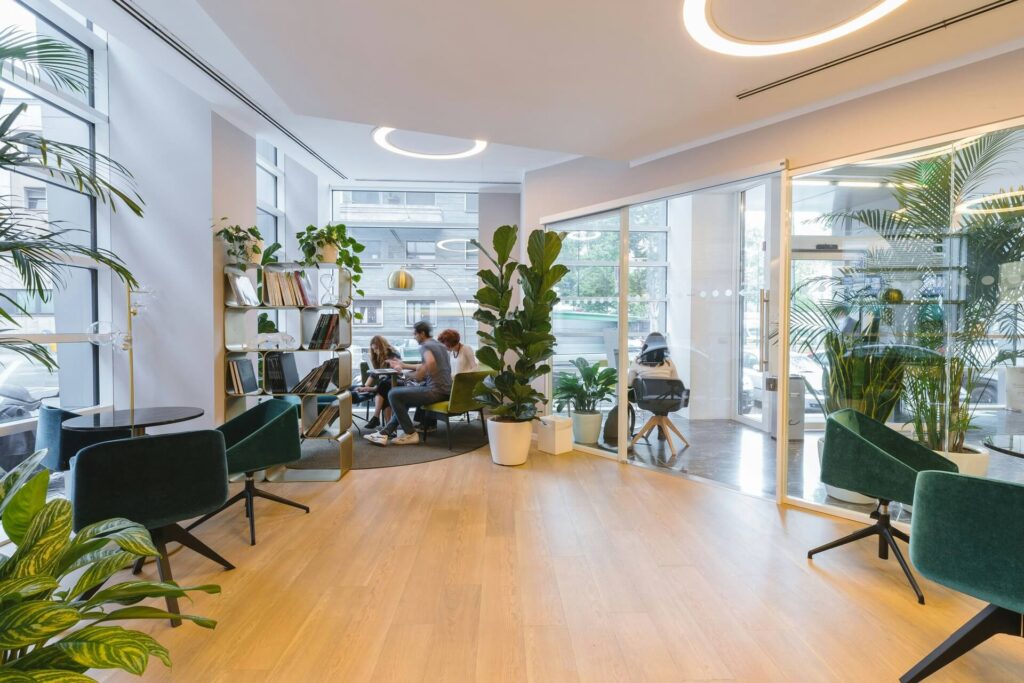 A room in a commercial space full decorated with many indoor plants