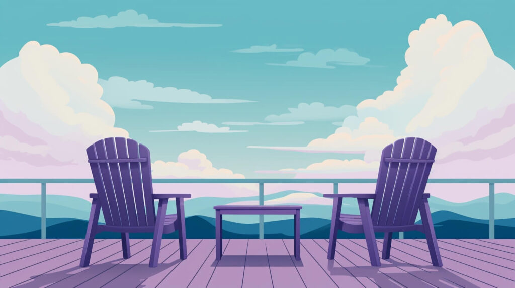 deck with two purple chairs and a small table overlooking mountains