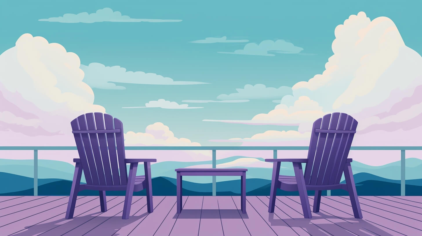 deck with two purple chairs and a small table overlooking mountains