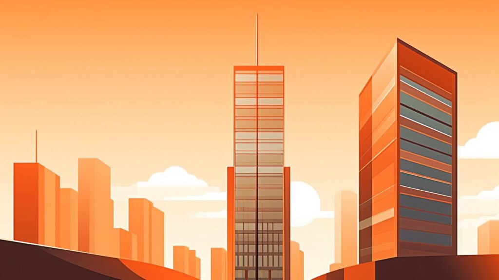 modern skyscrapers with a sunset in the background