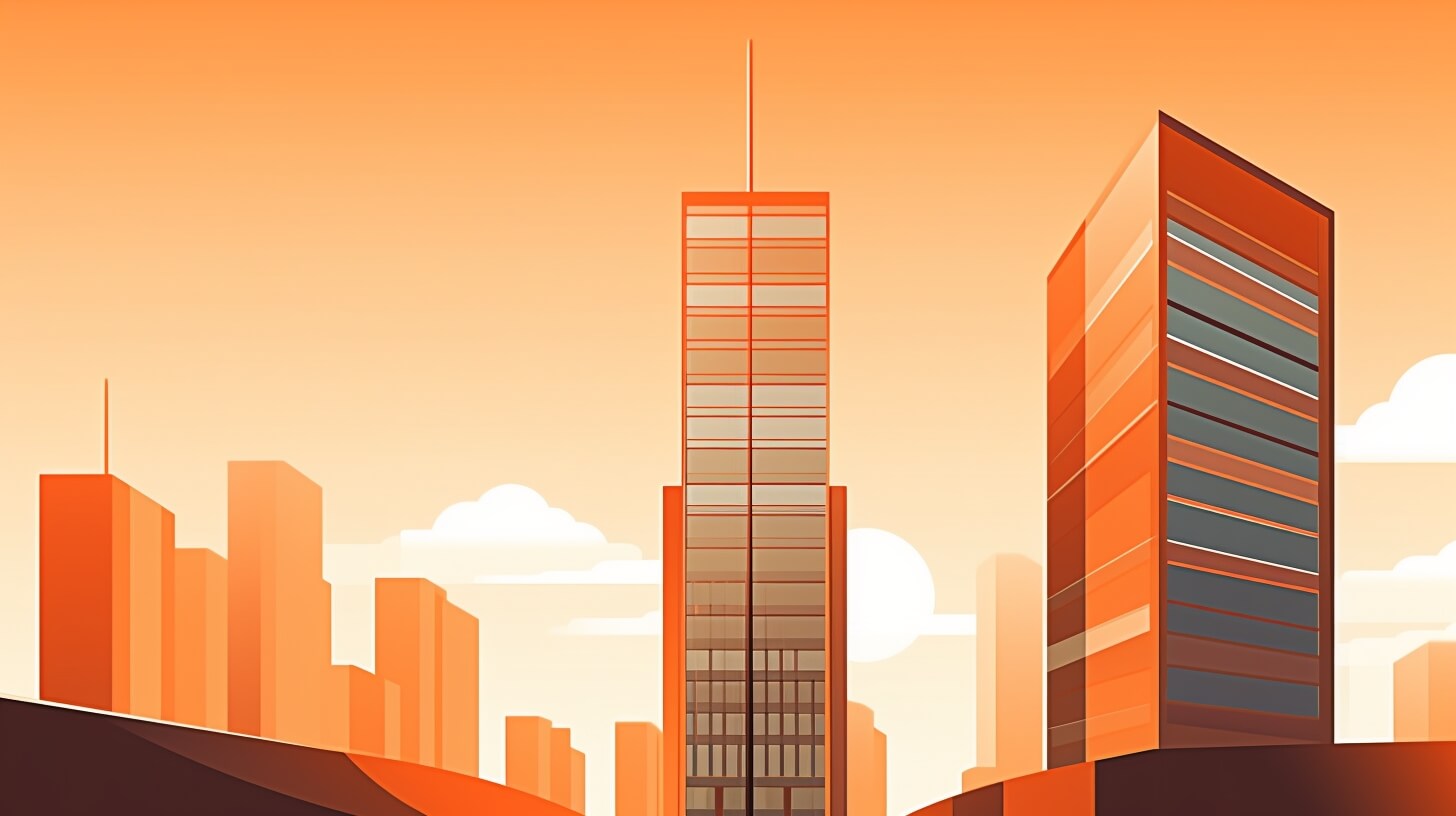 modern skyscrapers with a sunset in the background
