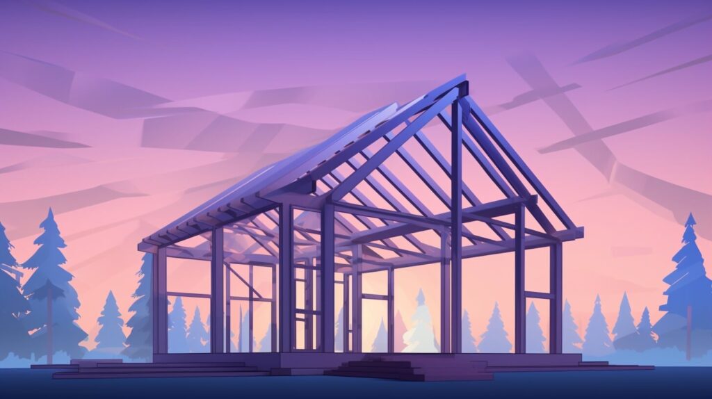 wooden structure of a house with trees and sunset in the background