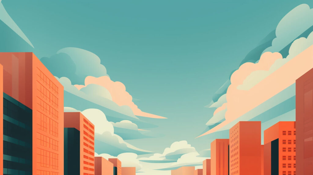 tall orange buildings on either side of a road