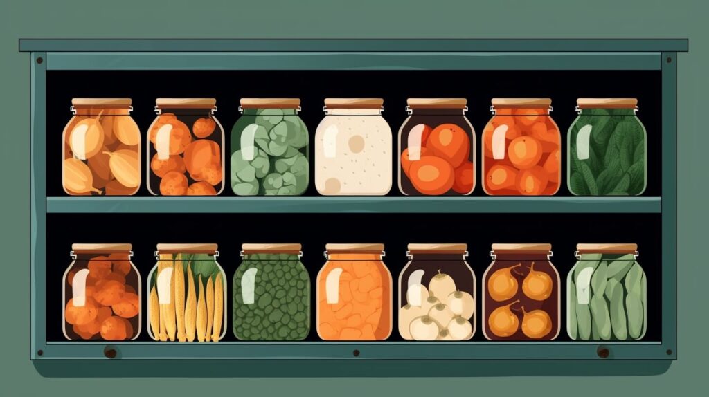 two shelves lined with jars filled with vegetables