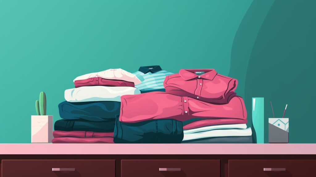piles of folded clothes on a dresser