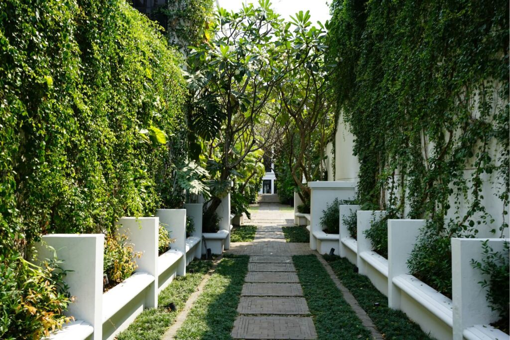 A finished side yard with seat walls and lush greenery