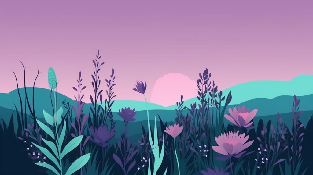 flowers and plants with a sunset in the background