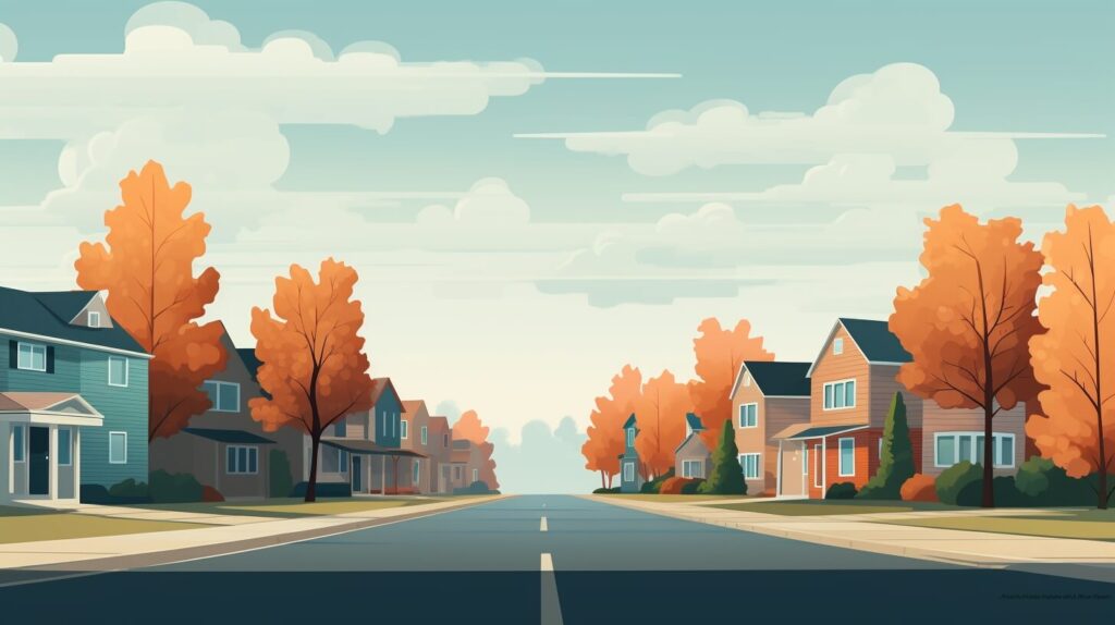 row of homes on either side of the road in a neighborhood