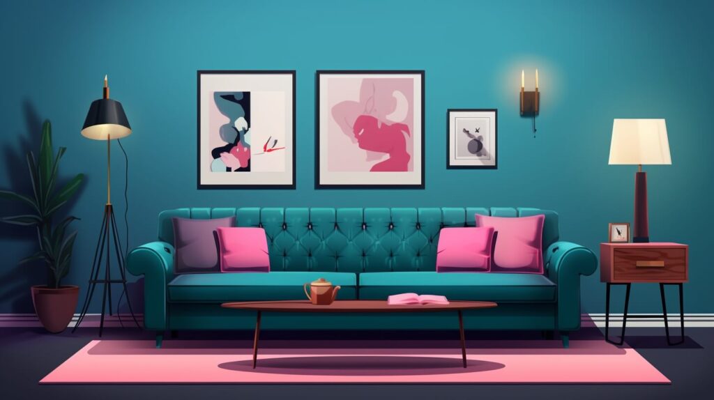 a teal living room with a teal couch, side tables, and artwork hung behind the couch
