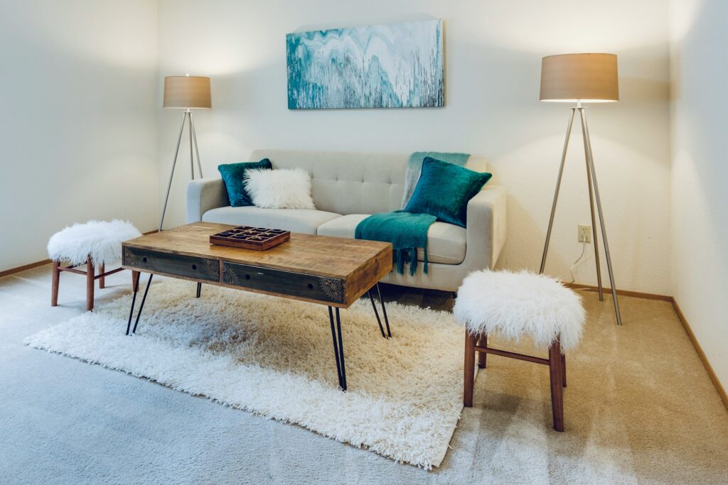 Greige living room with bold accents.