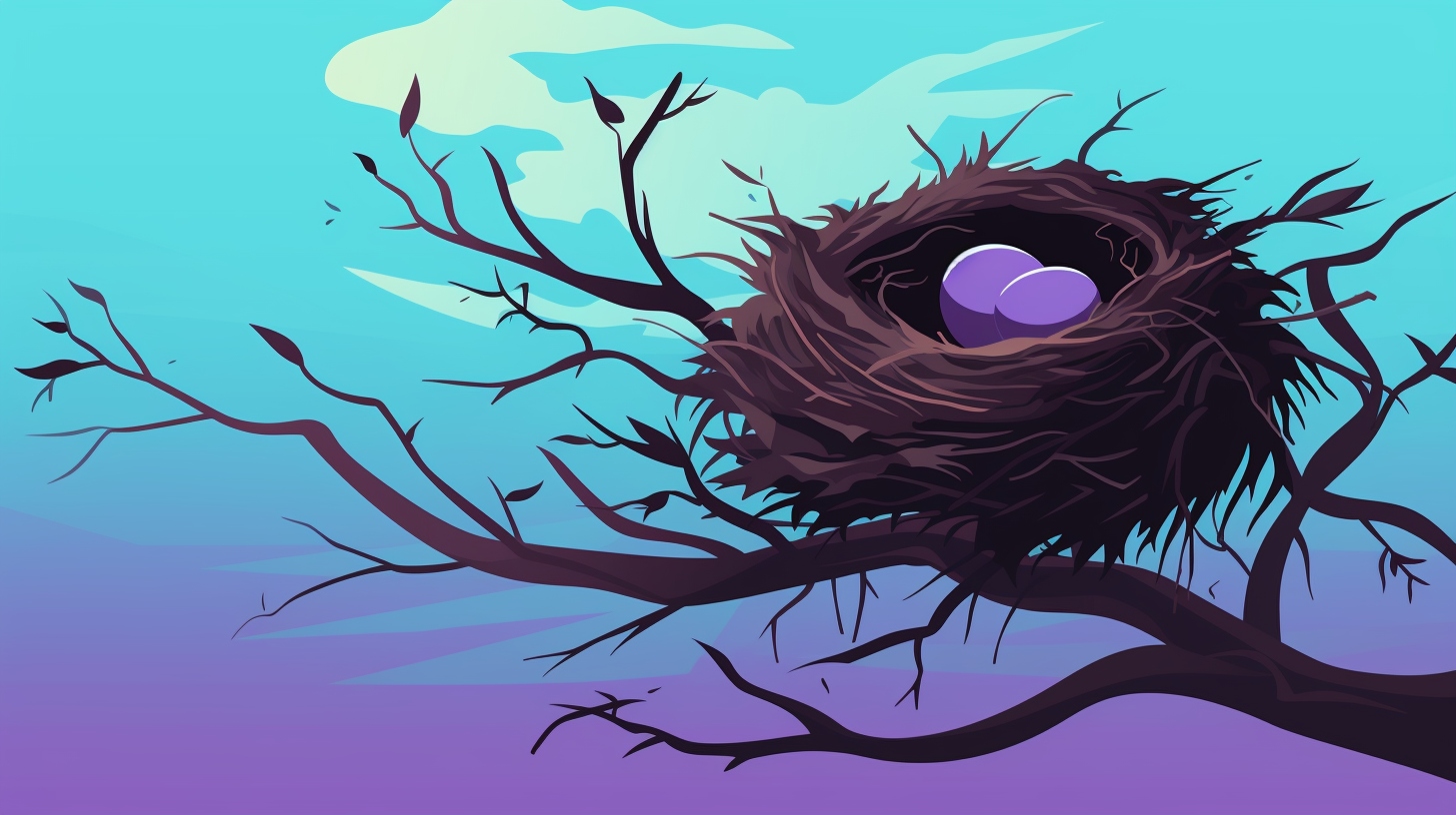 bird nest with two purple eggs inside it resting on the branches of a tree