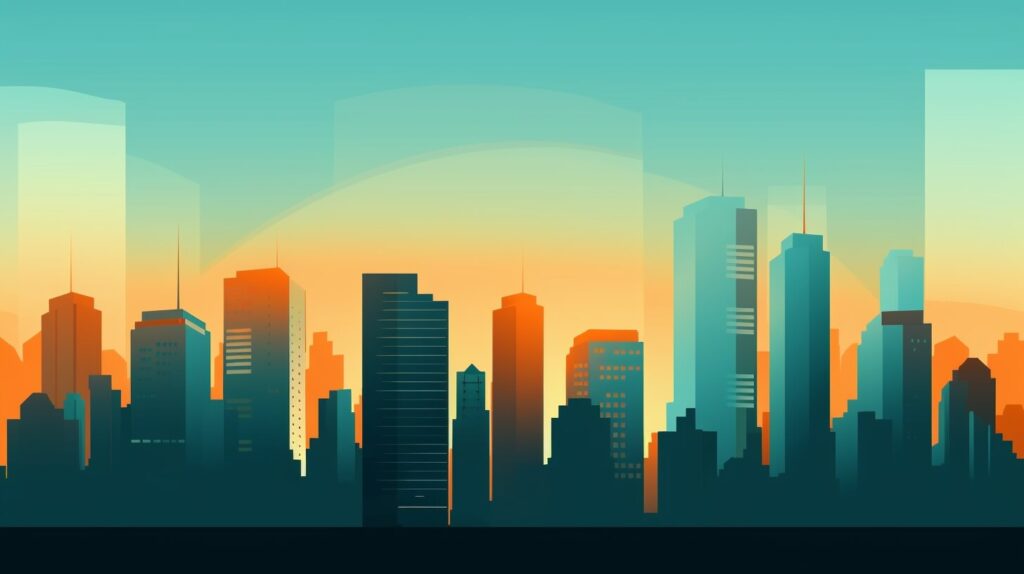 city skyline with a sunset behind it