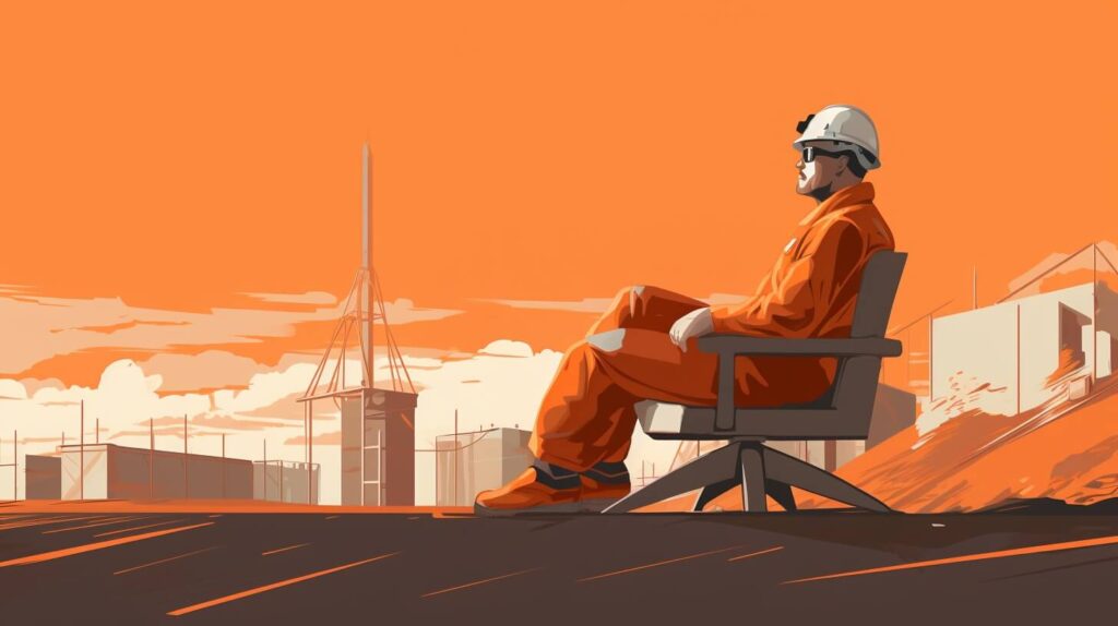 man in a hard hat and orange jumpsuit sitting on a construction site