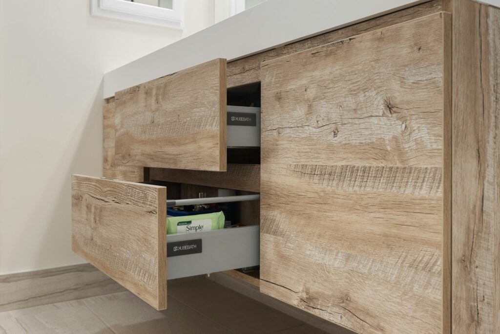 Kitchen with wooden drawers.