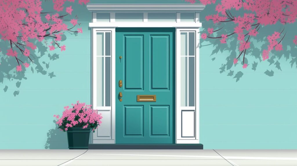 blue front door with a pink plant