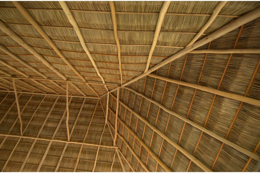 A house with a straw roof viewed from the inside
