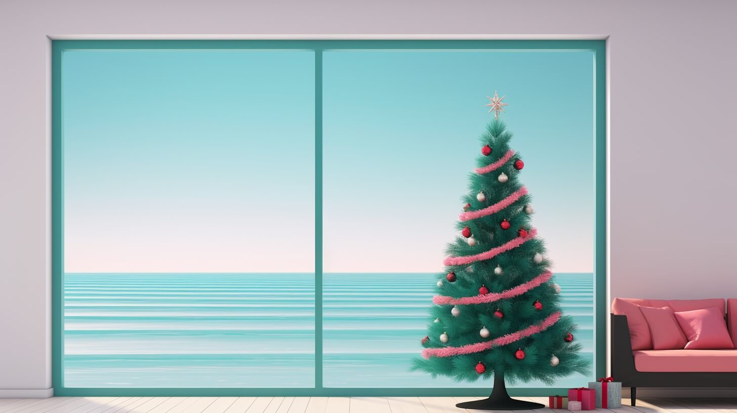 a Christmas tree with pink ornaments in front of a window